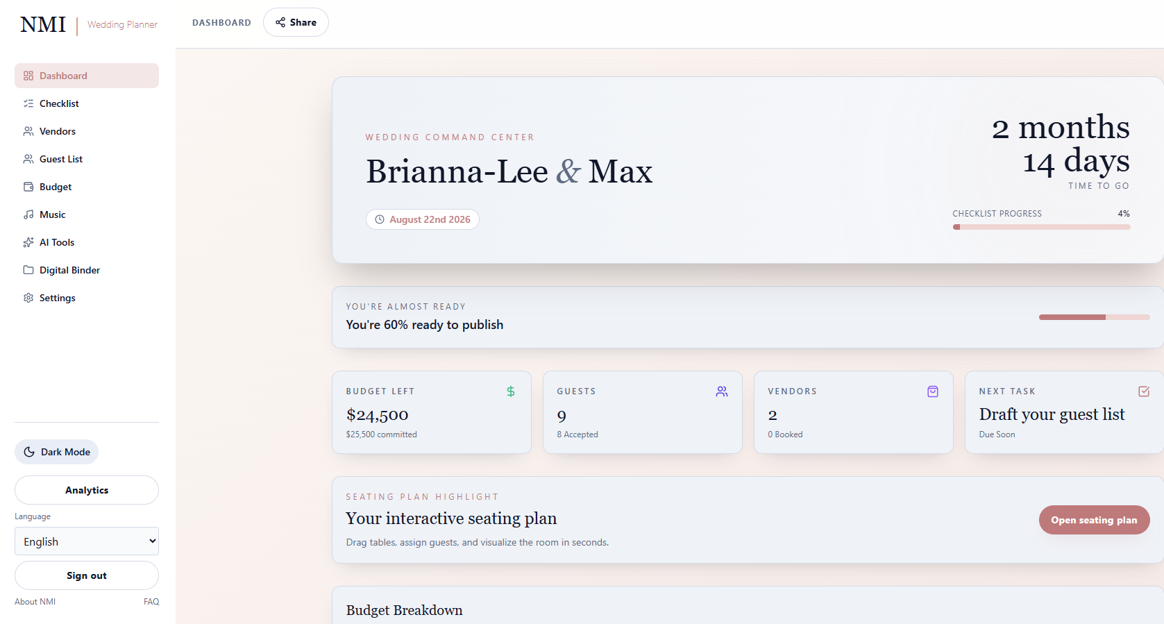 NMI Wedding Planner website screenshot