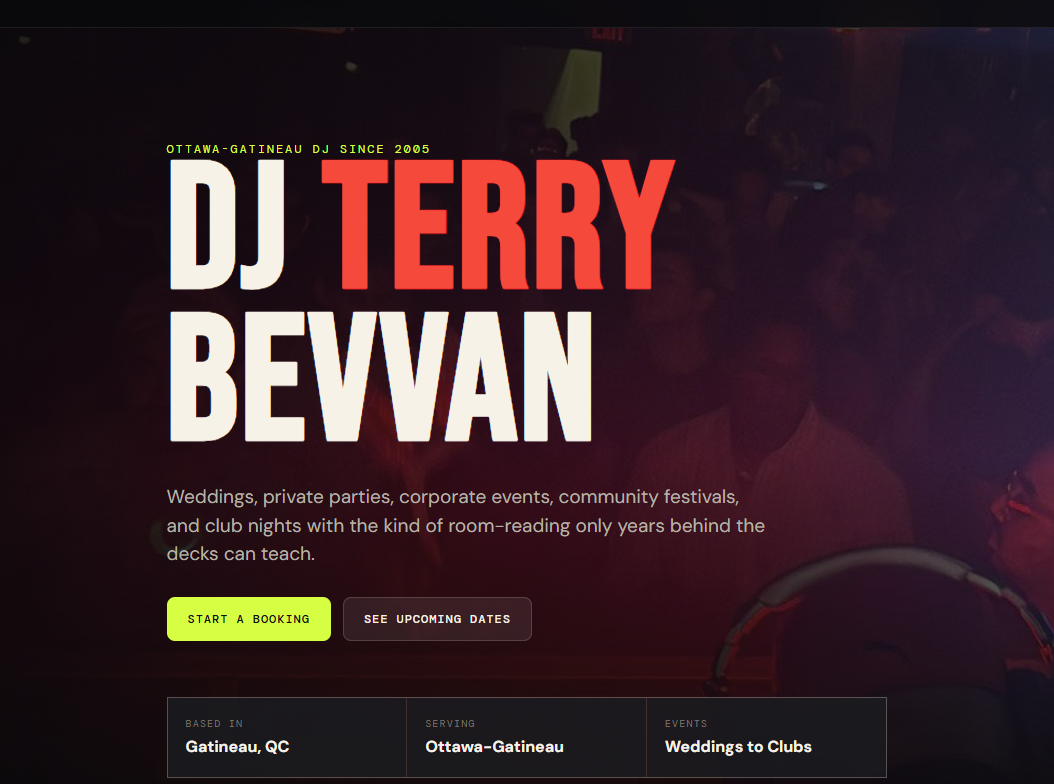 DJ Terry Bevvan website screenshot